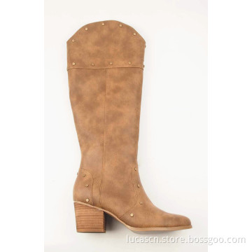 Ladies Mid-Calf Low Heels  Knee-high Rivet Boots